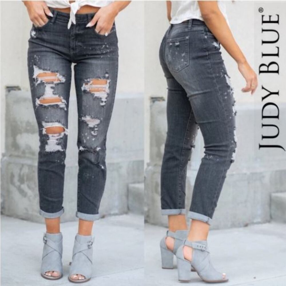Judy Blue Women's Distressed Boyfriend Jeans - Charcoal Gray